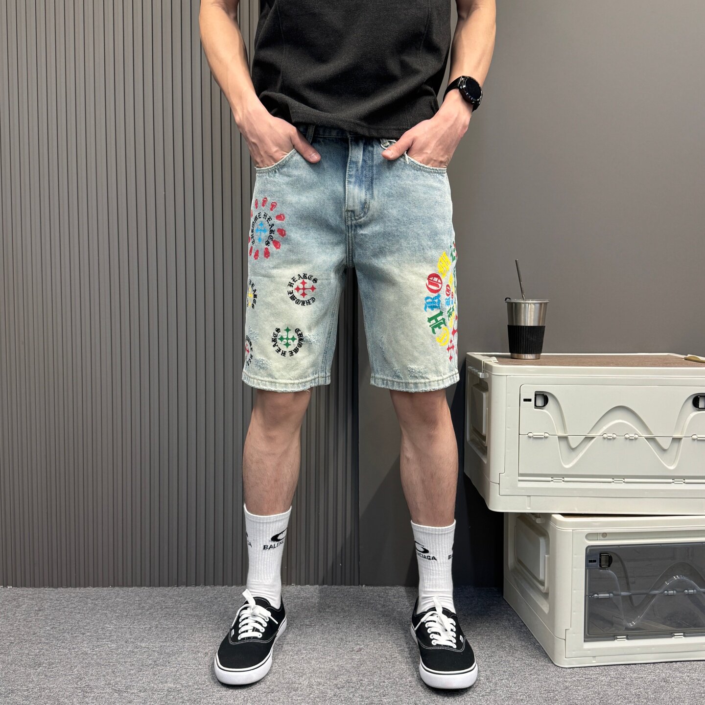 欧美潮牌印花牛仔短裤街头嘻哈风男夏季涂鸦五分裤男中裤大码马裤