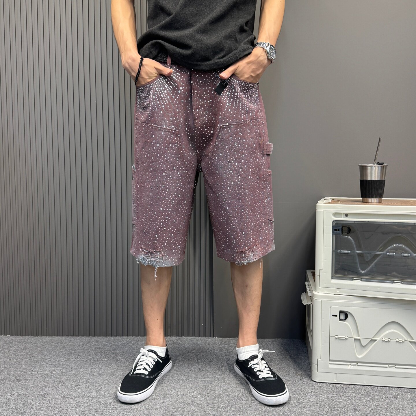 高街风镭射烫钻满钻直筒牛仔五分裤男女同款潮牌小众百搭短裤潮牌