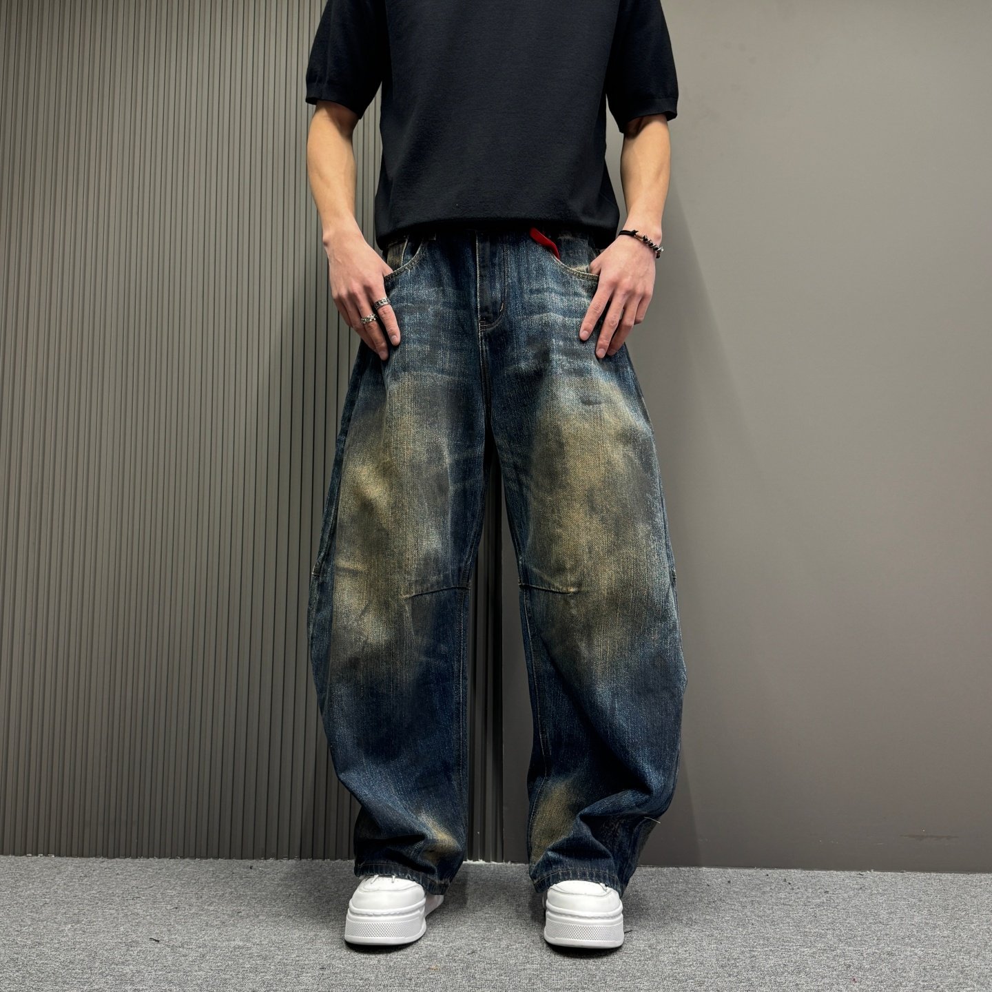 巴黎风格美式复古做旧脏脏阔腿牛仔裤男潮牌痞帅宽松弯刀老爹裤子,男装,牛仔裤,淘宝优惠券,粉丝福利购,淘宝优惠卷