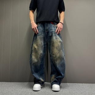 巴黎风格美式复古做旧脏脏阔腿牛仔裤男潮牌痞帅宽松弯刀老爹裤子