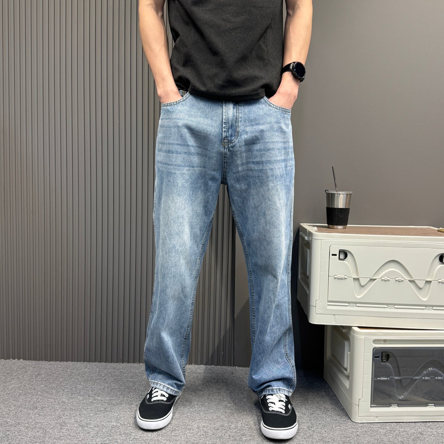 春夏季美式复古水洗做旧牛仔裤男款潮牌学院风宽松直筒休闲长裤子