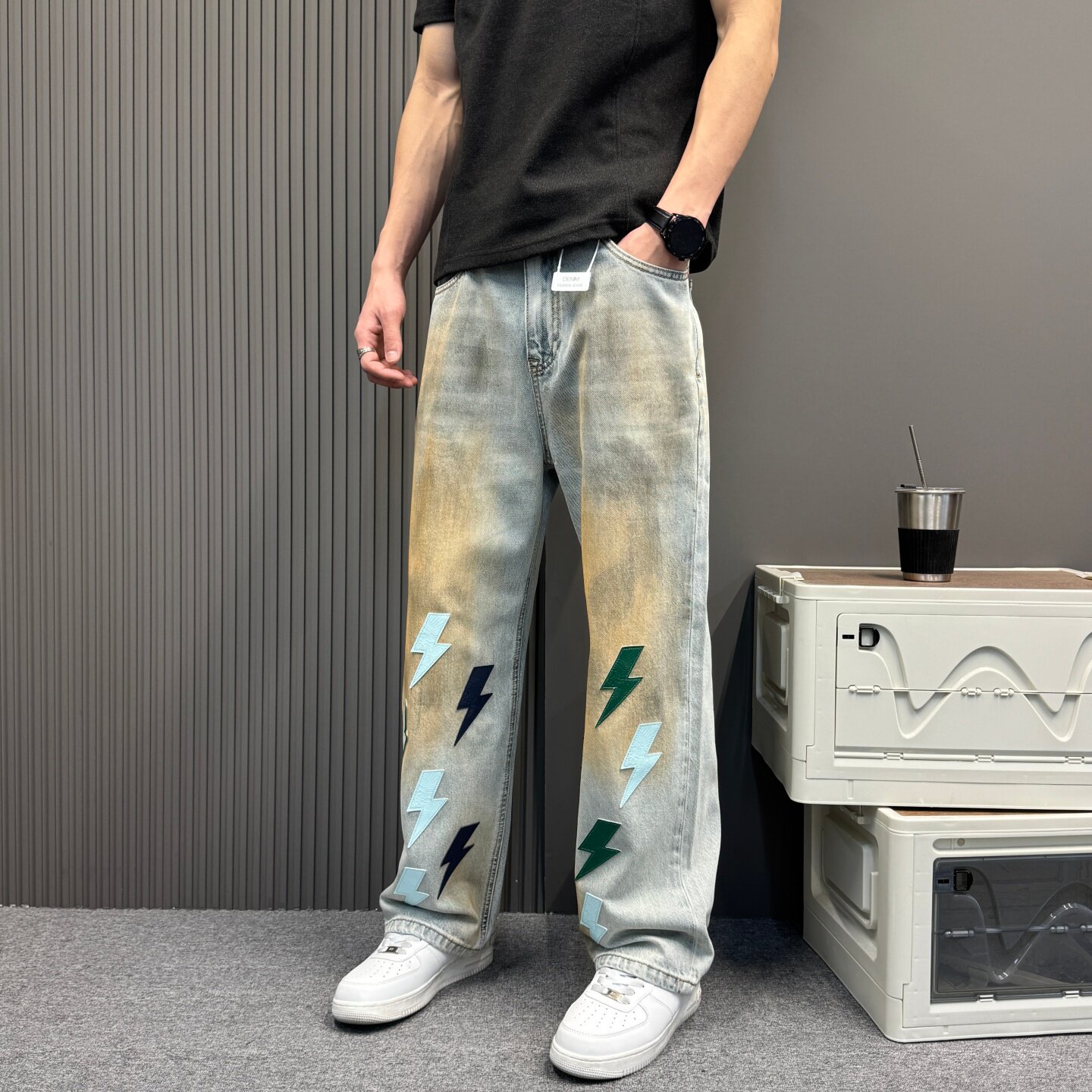 街头潮牌闪电刺绣牛仔裤男 黄泥渐变水洗宽松阔腿直筒拖地长裤