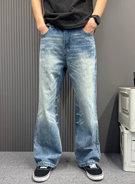 韩系极简风A字版型水洗蓝长裤 情侣百搭直筒宽松显瘦牛仔裤男女款