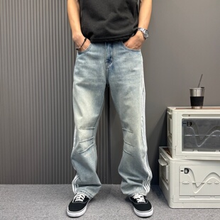 牛仔裤男新款水洗美式蓝色直筒阔腿裤侧边条纹复古休闲宽松长裤女