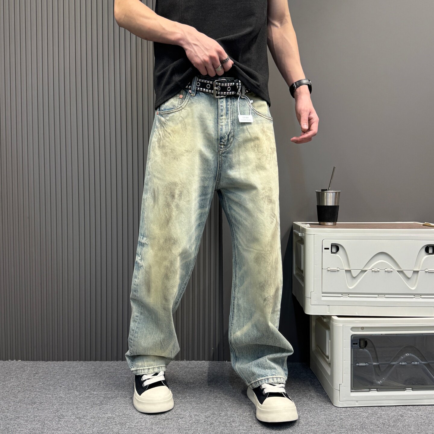 美式复古水洗做旧泥黄色牛仔裤男士潮流宽松直筒垂感阔腿长裤子潮