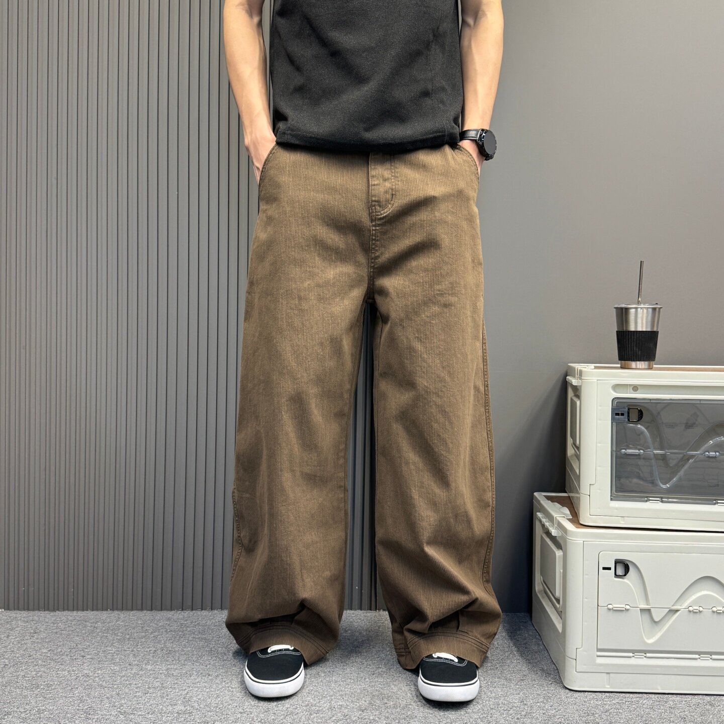 美拉德复古棕色港风弯刀休闲裤时尚都市男女宽松阔腿遮肉显瘦长裤