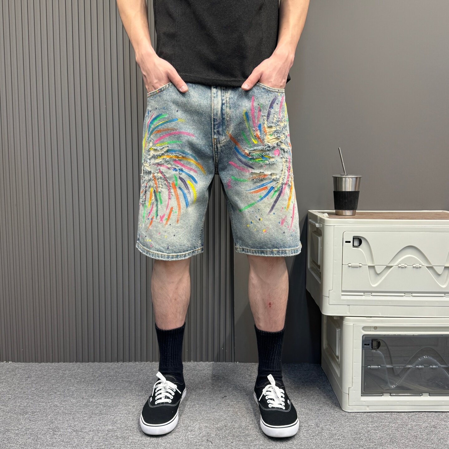 潮牌美式复古水洗高级彩绘破洞牛仔短裤宽松休闲情侣高街小众中裤