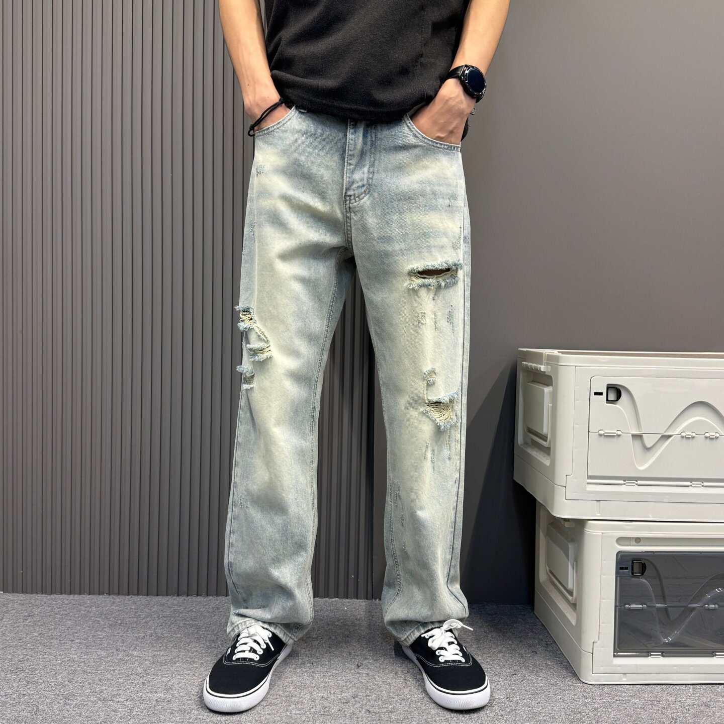 夏季薄款潮流韩版痞帅破洞·水洗直筒做旧青年男士牛仔长裤百搭款
