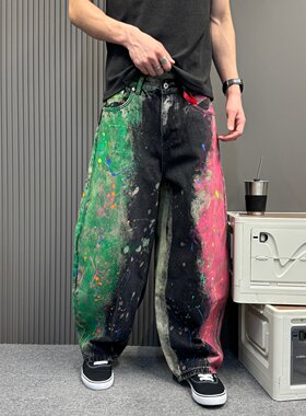 美式高街个性痞帅涂鸦泼墨牛仔裤男潮牌嘻哈宽松直筒弯刀长裤子