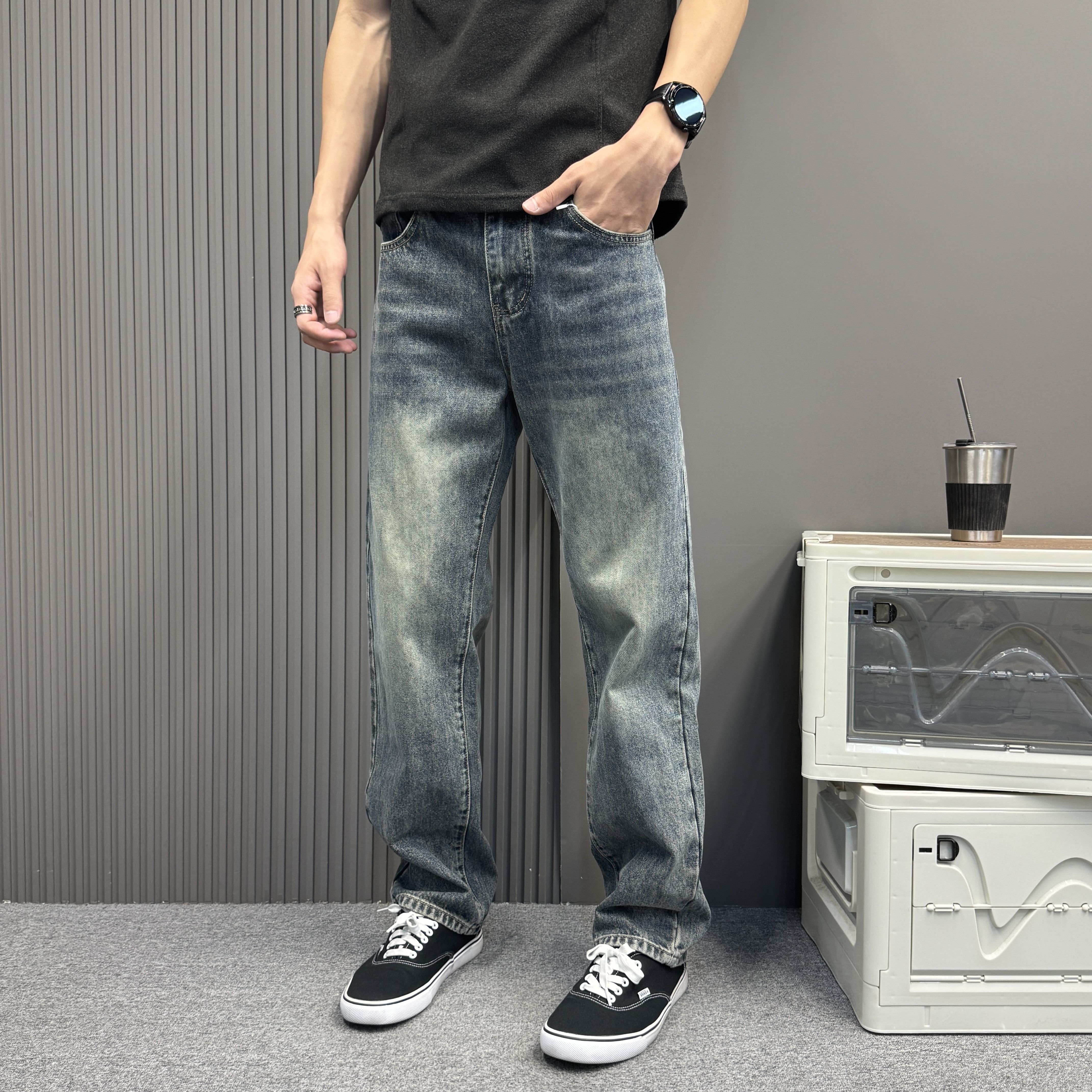 美式纽扣拖地水洗秋直筒男裤显高