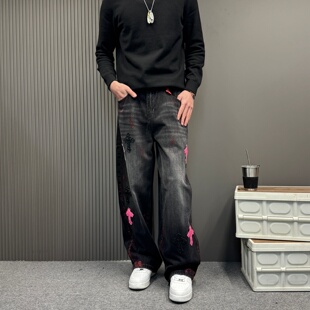 水洗做旧美式复古阔腿裤牛仔裤男黑灰2026新款宽松潮牌长裤子男女
