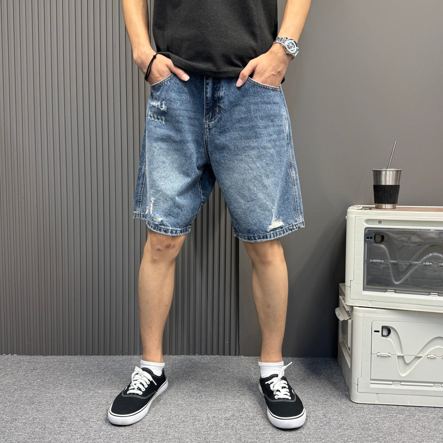 夏季美式休闲痞帅复古做旧刮烂牛仔短裤男女款直筒宽松百搭五分裤