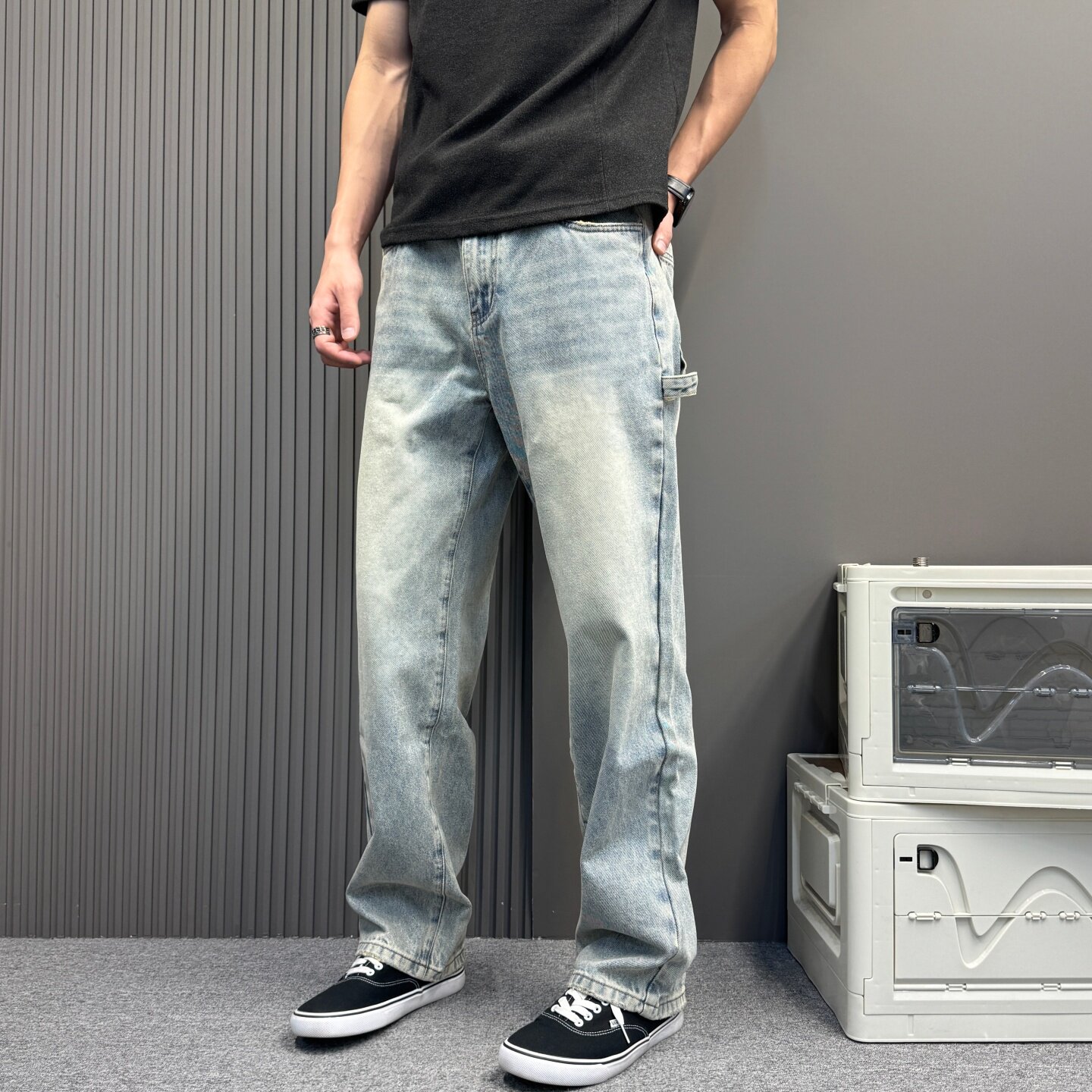 街头滑板浅蓝工装牛仔裤男侧边挂耳直筒裤宽松做旧痞帅休闲长裤子