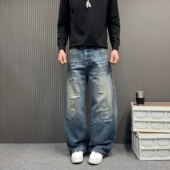 男潮牌痞帅宽松直筒休闲乞丐长裤 美式 复古水洗做旧阔腿破洞牛仔裤