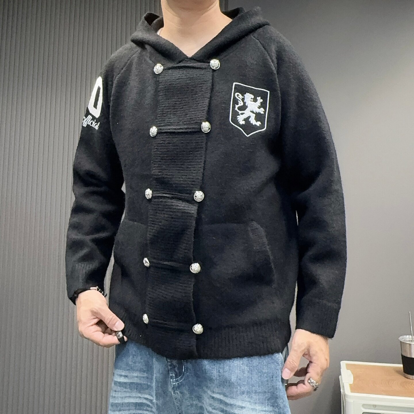 常规双排扣美式徽章连帽毛衣保暖