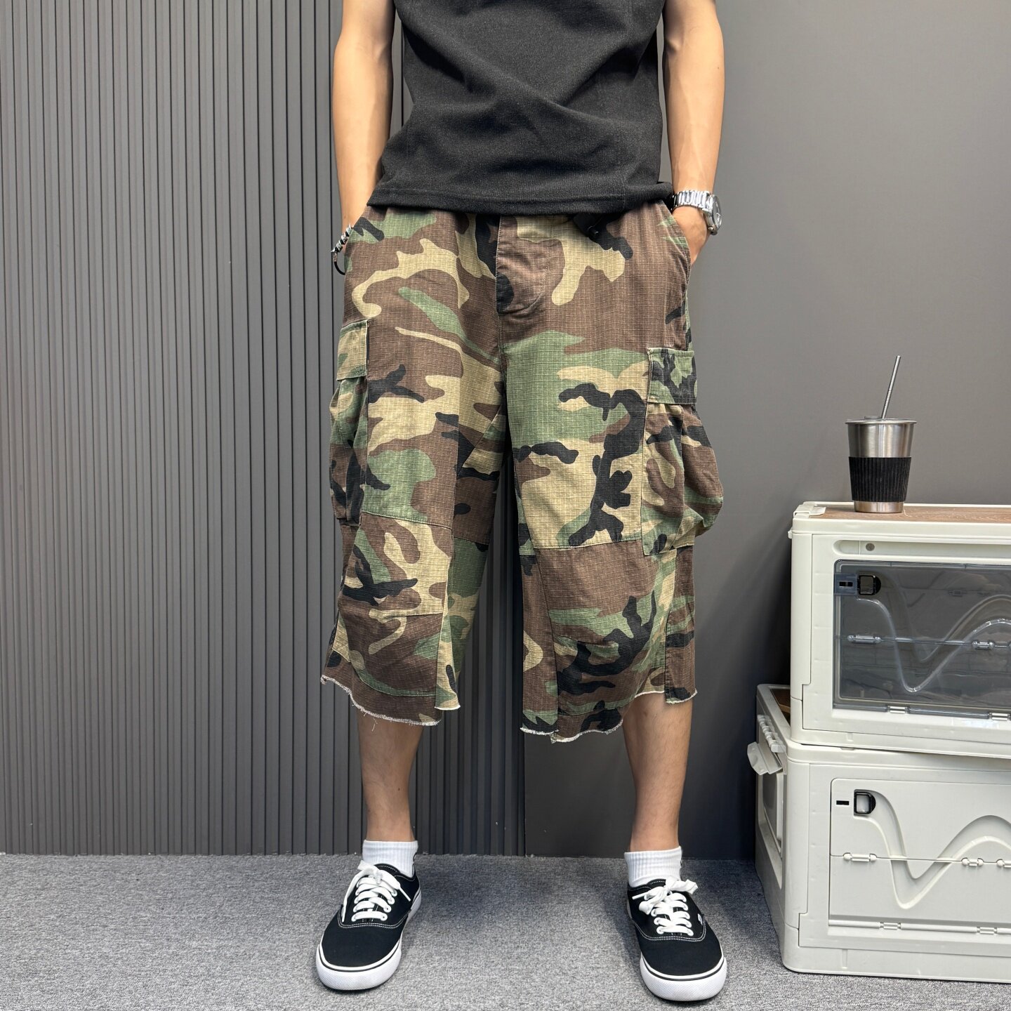 户外街头休闲风复古做旧毛边迷彩工装休闲裤男女宽松口袋七分裤潮