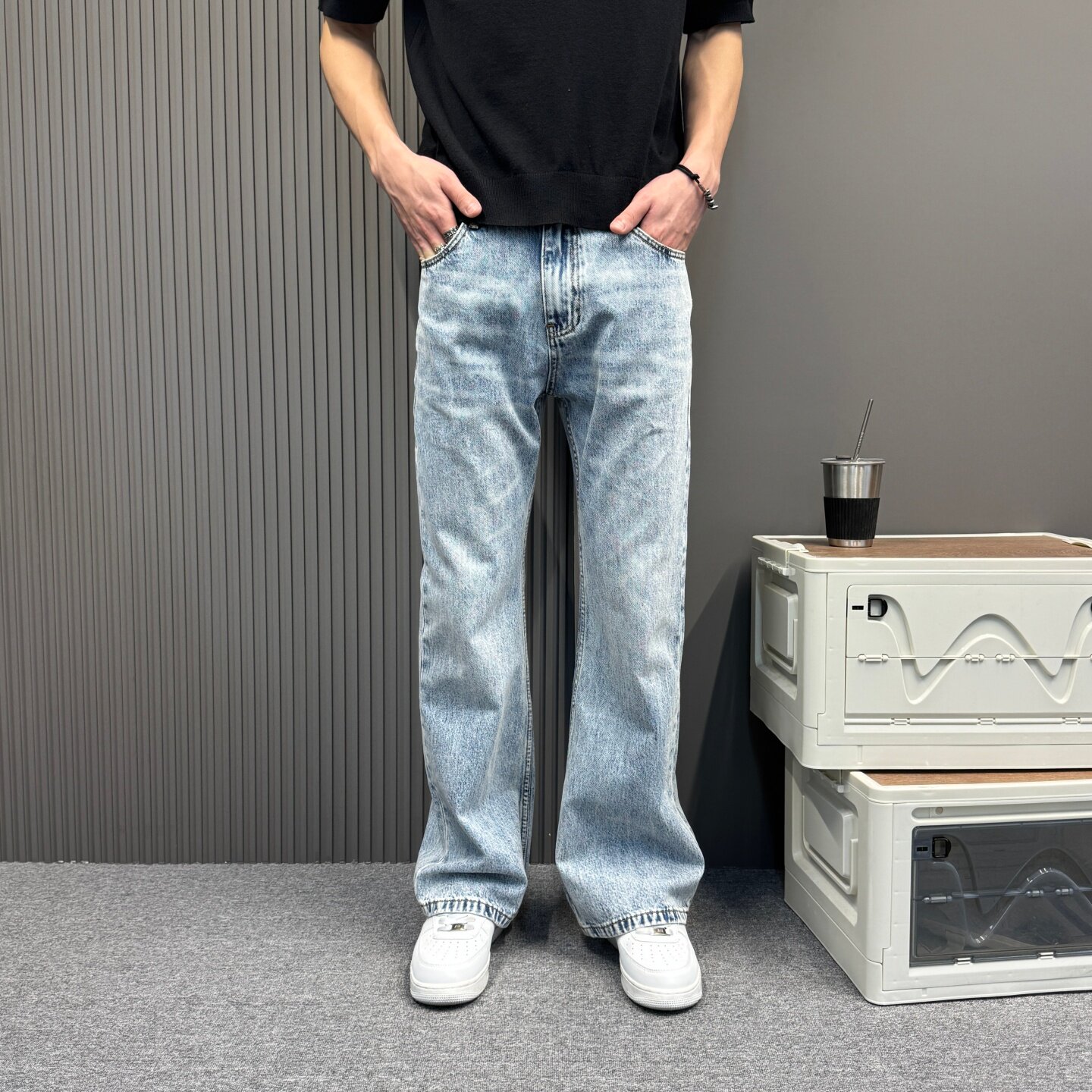 美式复古牛仔裤浅蓝男款长裤直筒百搭宽松休闲裤做旧弯刀阔腿裤子