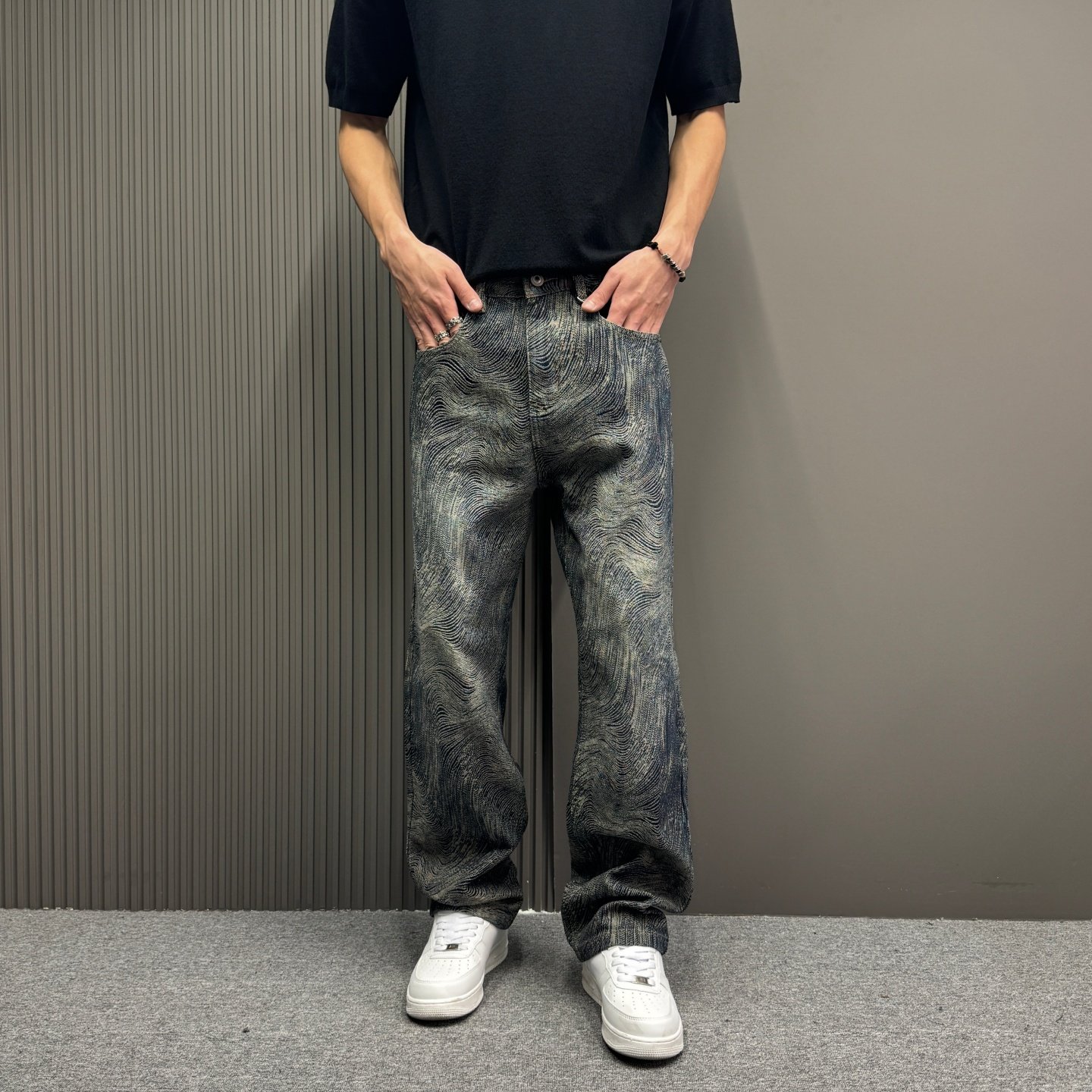 复古水洗提花牛仔裤男宽松直筒阔腿休闲长裤百搭时尚个性潮牌男款