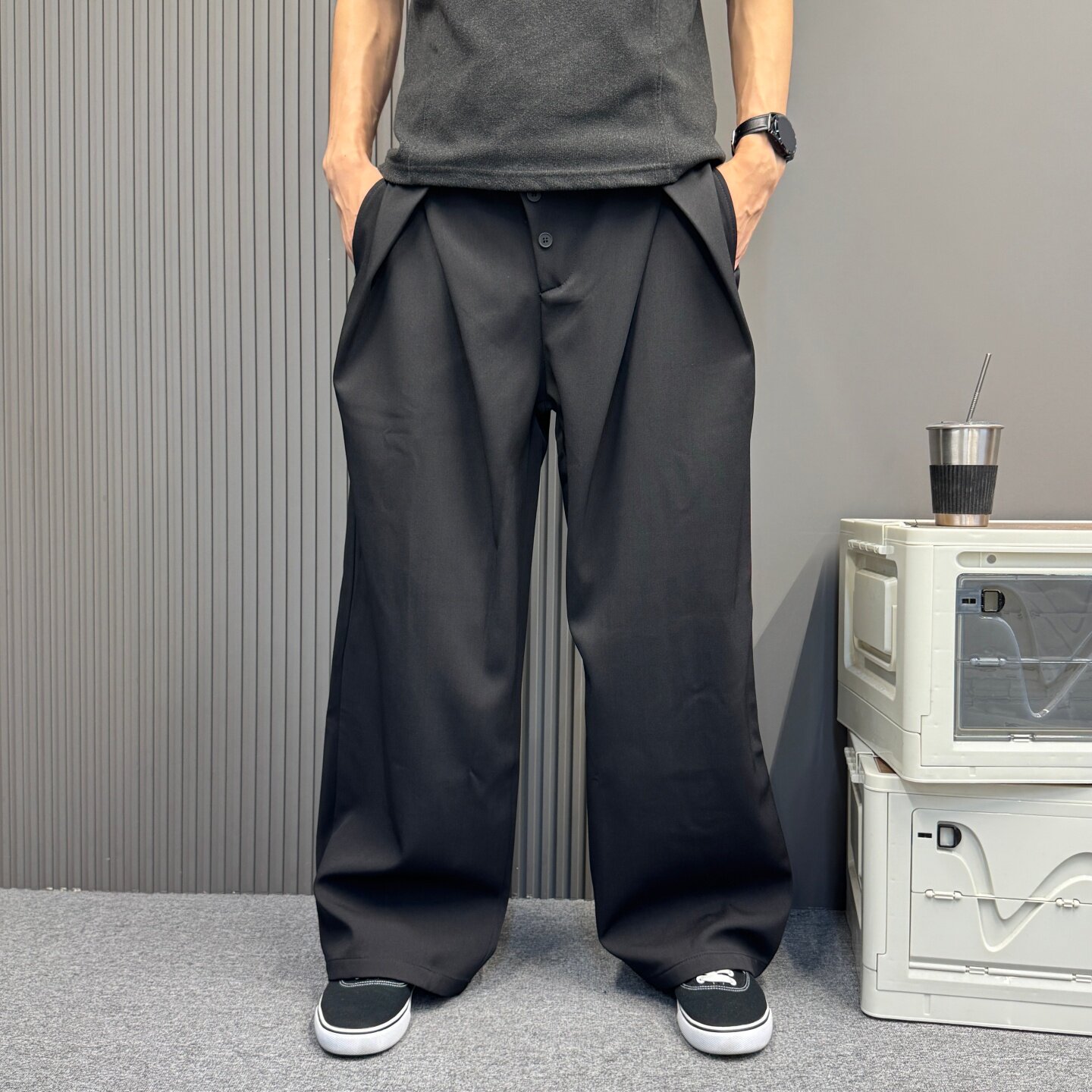 高级感慵懒黑色西裤男女同款夏季新款宽松垂感阔腿西装休闲长裤子