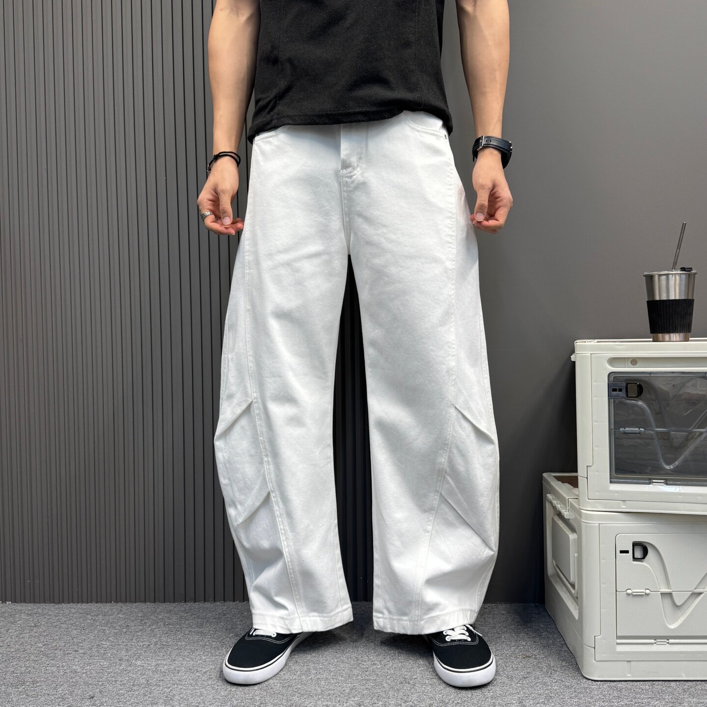 夏季美式休闲白色立体折褶阔腿工装裤男女宽松垂坠感弯刀牛仔长裤