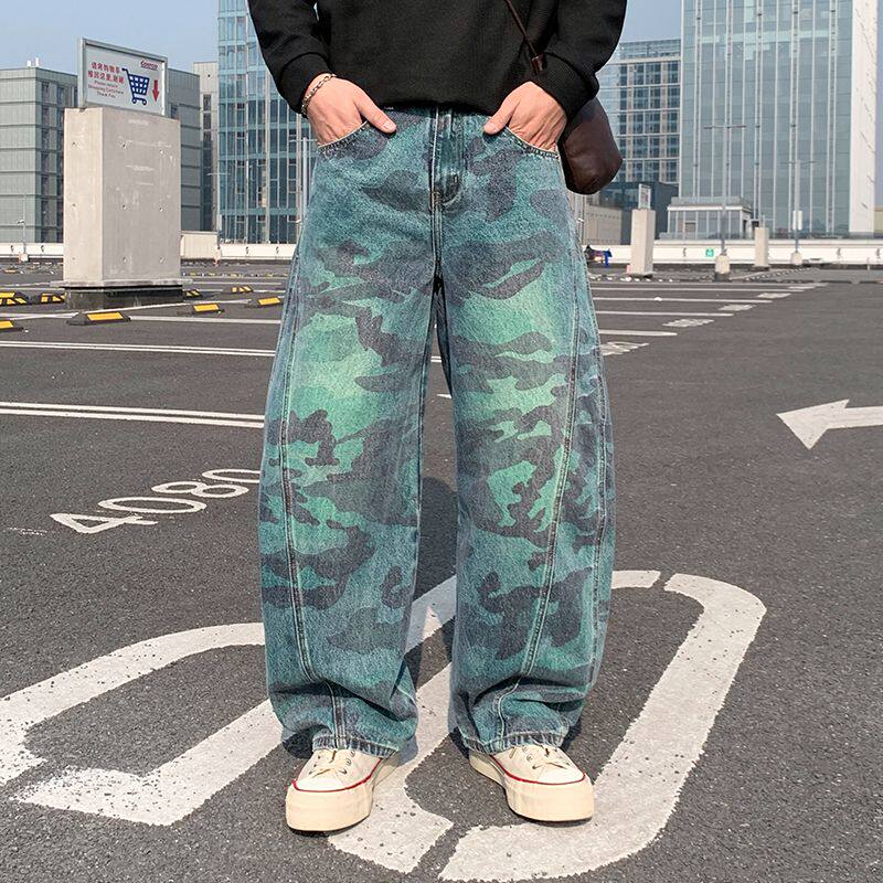 轻奢男装大码潮牌男士时尚新款秋季休闲高街痞帅迷彩牛仔裤阔腿裤