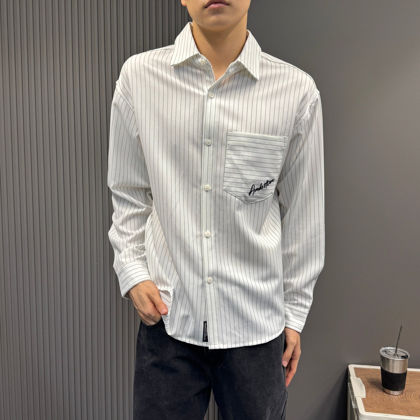 复古文艺感条纹长袖衬衫男秋季2026新款宽松潮牌阿美咔叽衬衣外套