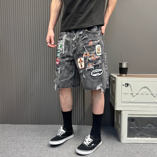 潮牌高街风破洞贴布徽章刺绣牛仔短裤夏季水洗做旧宽松直筒五分裤