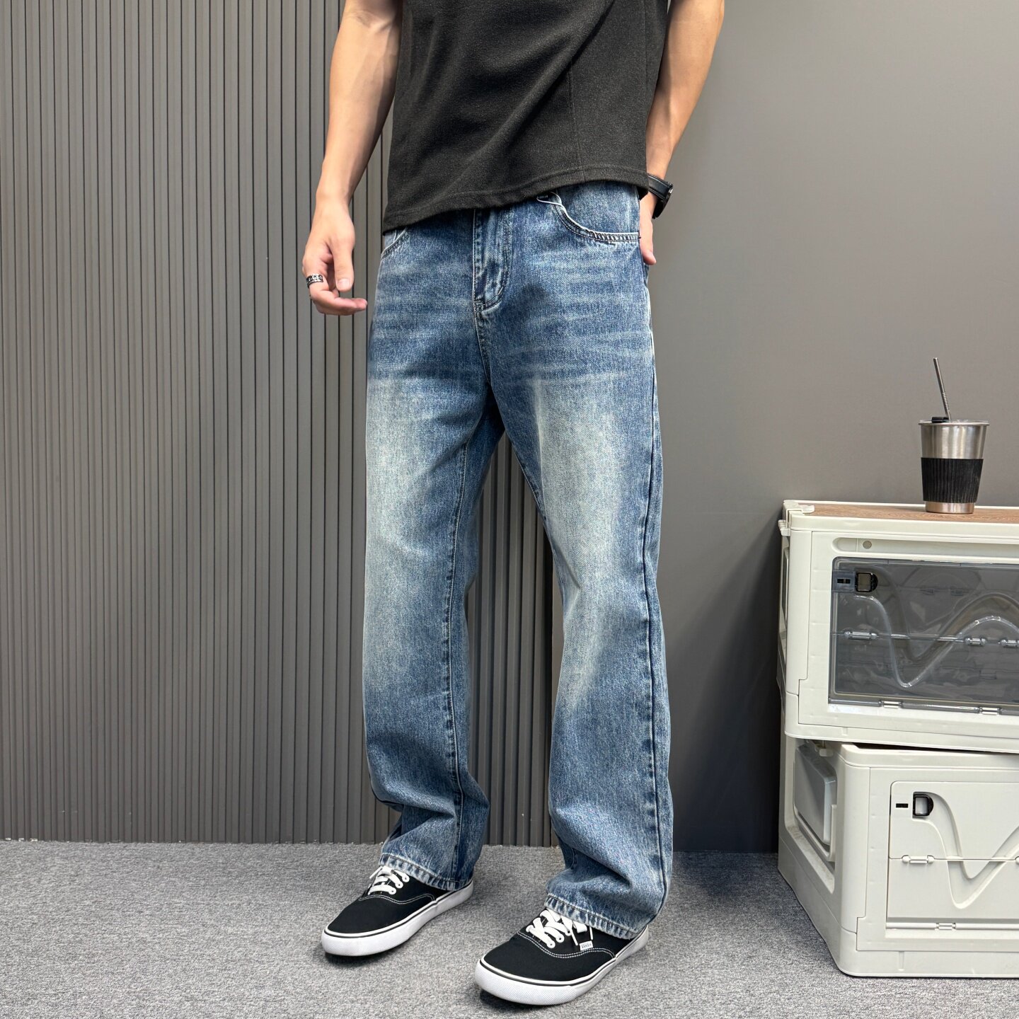 美式高街宽松直筒牛仔裤男