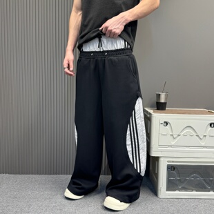 美式高街侧边三条杠卫裤男黑白拼接弯刀阔腿垂感宽松运动休闲长裤