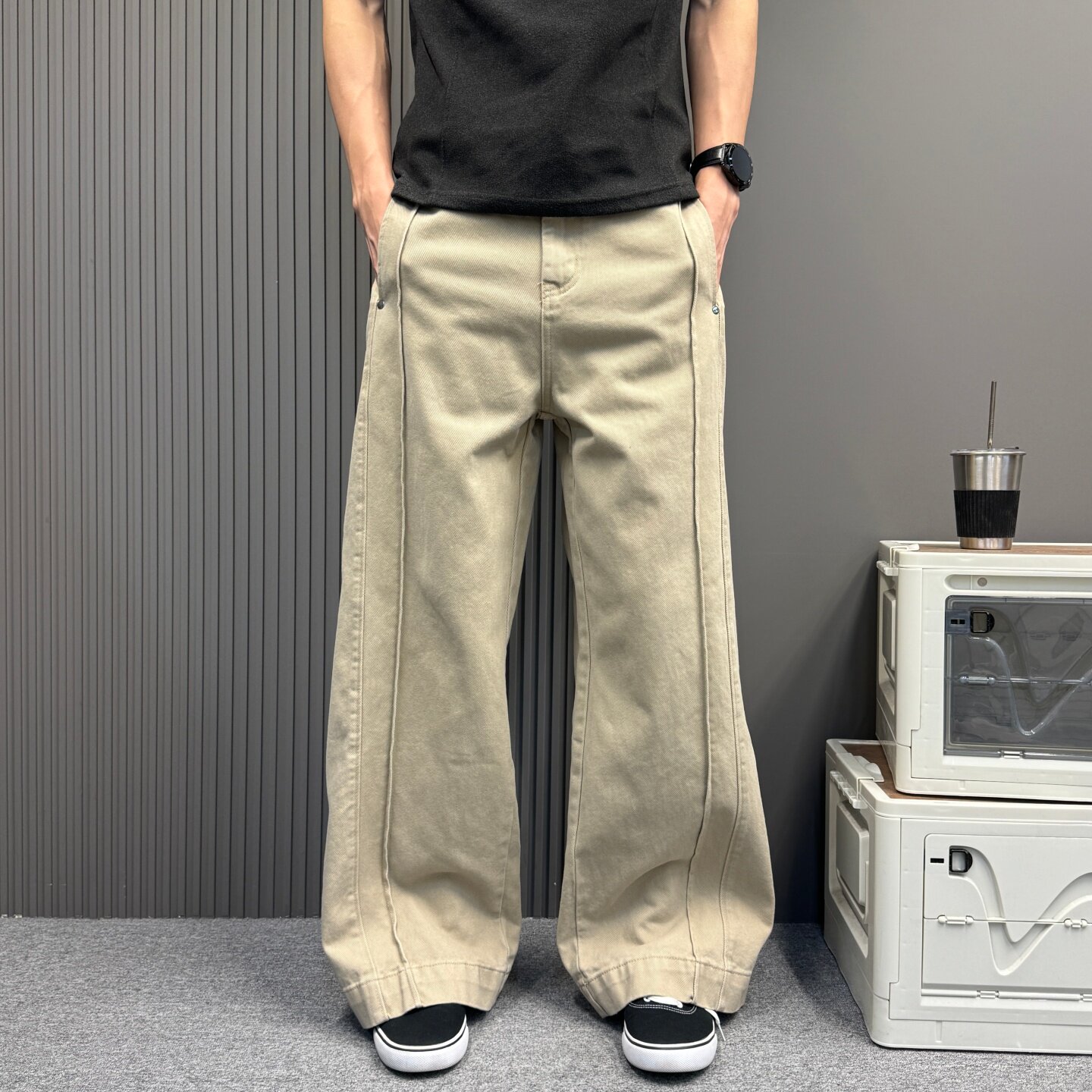 基础解构拼接裁剪牛仔裤女男设计款宽松阔腿休闲直筒拖地长裤情侣