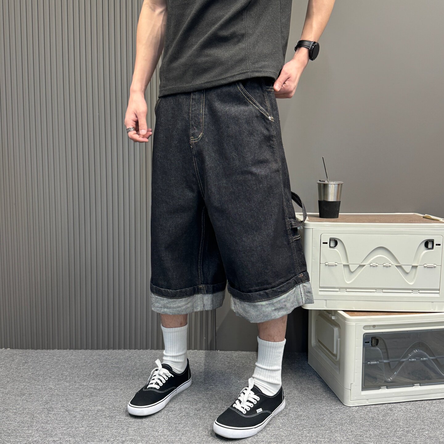 复古丹宁原牛卷边伐木过膝七分裤子男女同款重磅廓形休闲牛仔短裤