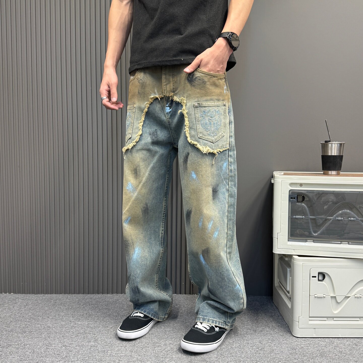 假两件拼接牛仔裤男黄泥水洗毛边阔腿长裤涂鸦喷绘复古宽松直筒裤