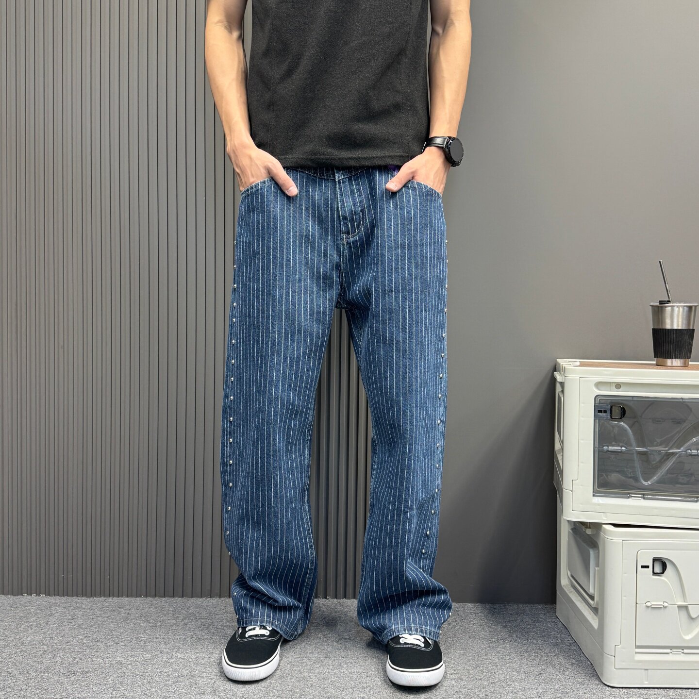 美式复古竖条纹铆钉牛仔裤男 蓝白条纹宽松直筒阔腿高街痞帅长裤