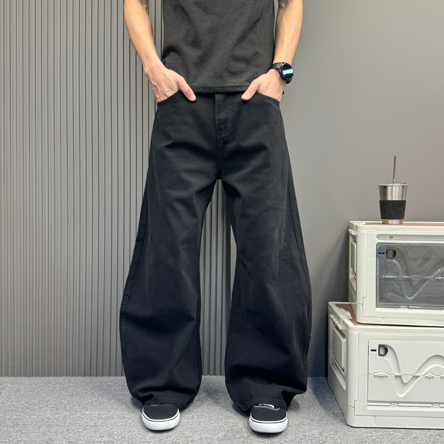 日系休闲通弯刀牛仔裤子男女同款垂感宽松休闲微喇直筒阔腿长裤潮