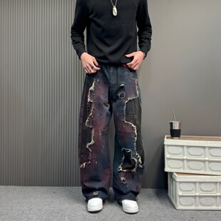 美式高端2026春秋新款牛仔裤男锈迹蓝色水洗假破洞美式宽松直筒裤