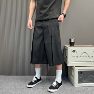 日系复古条纹双排扣阔腿七分裤男