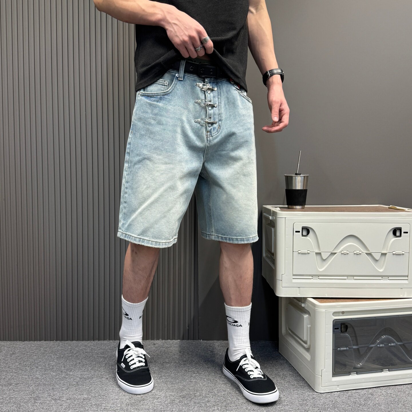 蓝色水洗牛仔短裤男2026夏季美式高街痞帅宽松直筒阔腿五分短裤子