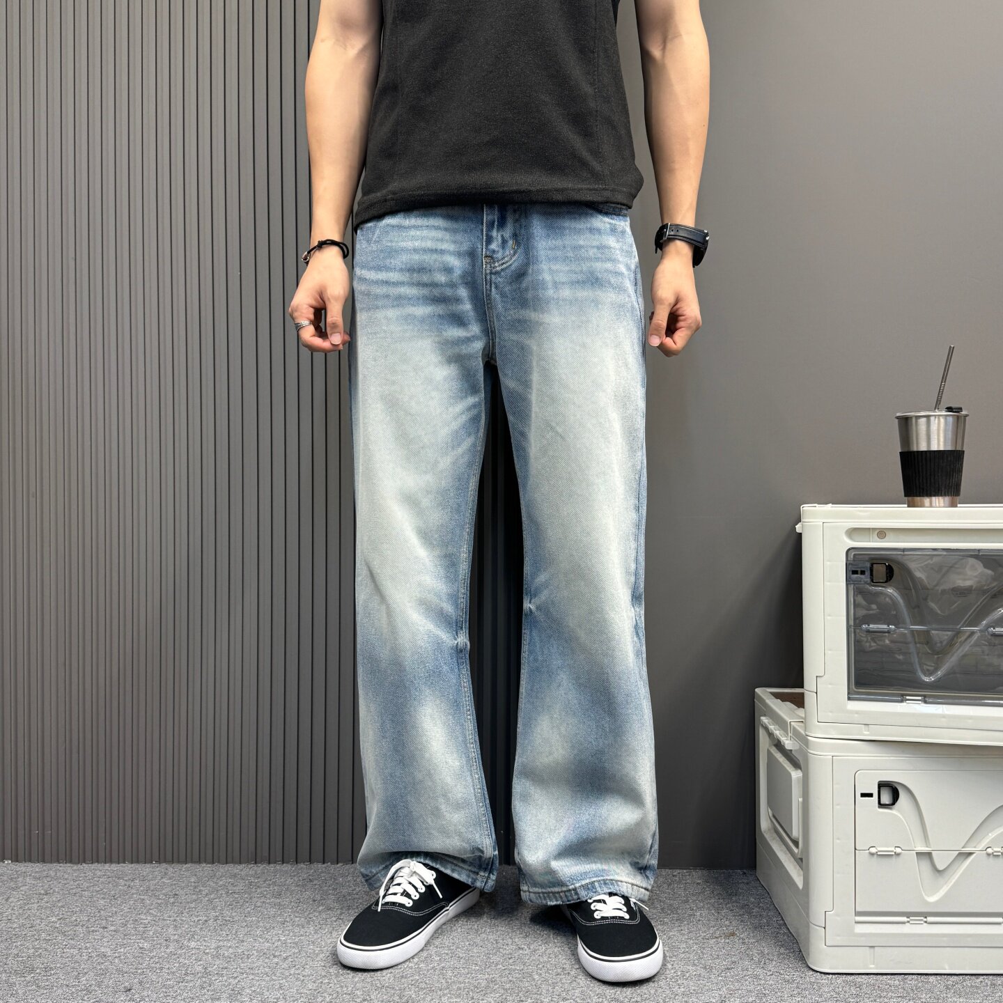 韩版夏季高腰A字阔腿牛仔裤 男女直筒宽松水洗蓝色通勤百搭长裤潮