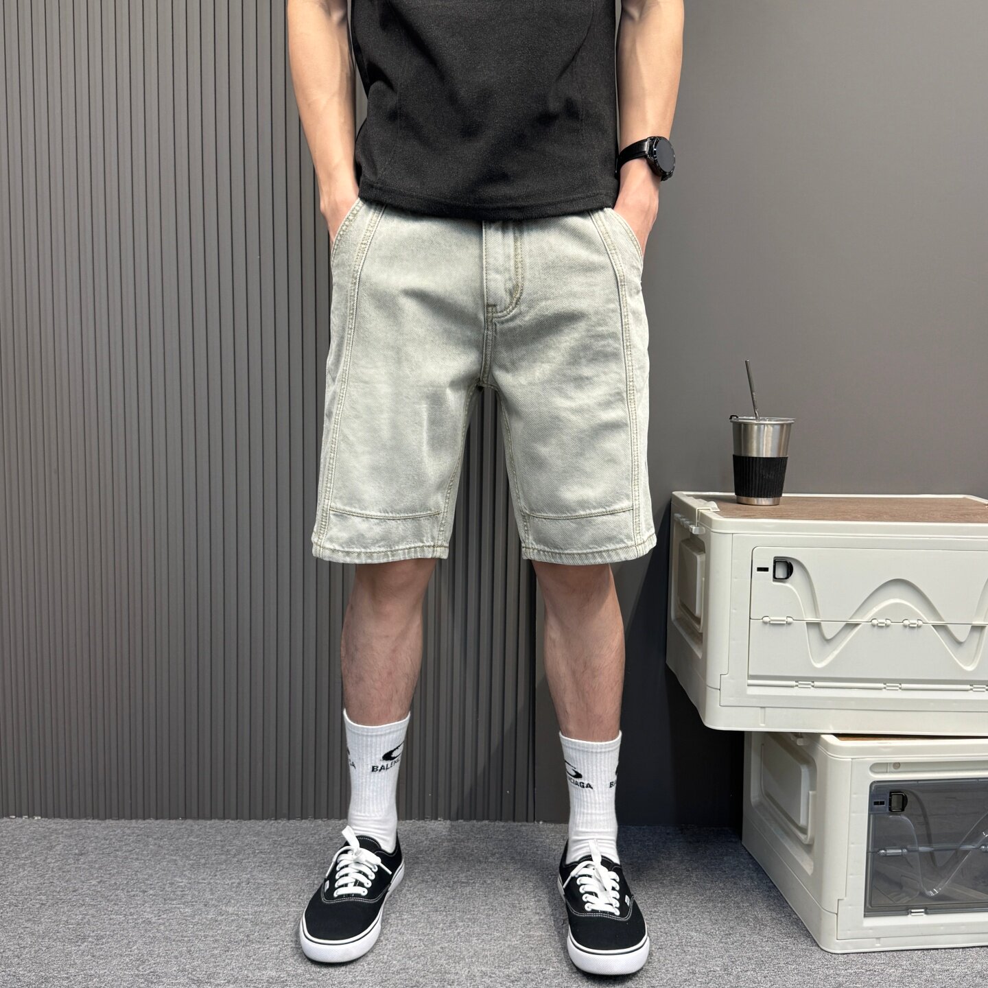 2026年新款拼接青色工装裤子男美式休闲直筒痞帅牛仔短裤五分中裤