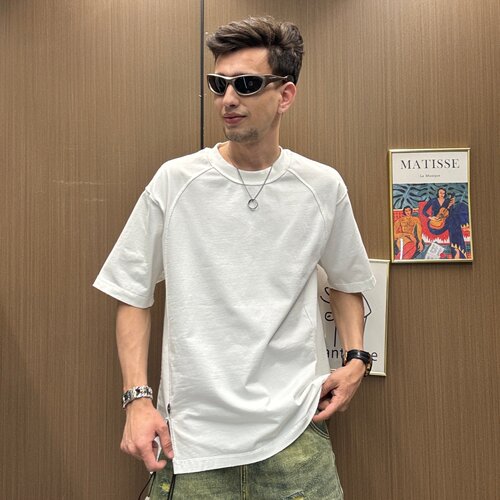 美式街头风明线设计T恤夏季侧边开叉宽松廓形痞帅男生重磅棉短袖