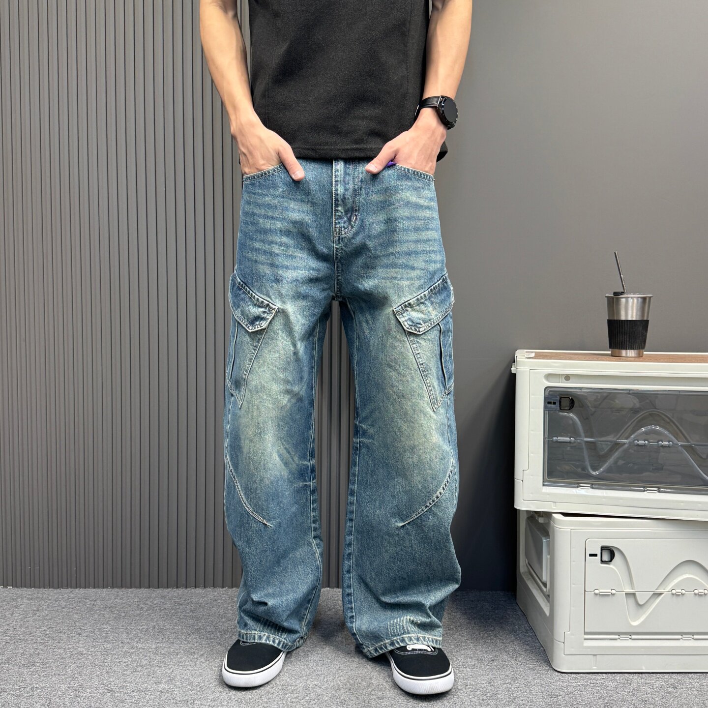 美式复古黄泥水洗工装牛仔裤男 猫须做旧弯刀阔腿高街痞帅长裤