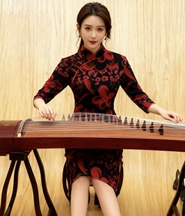 L大码中袖短旗袍丝绒中袖黑红连衣裙打底裙秋冬0003