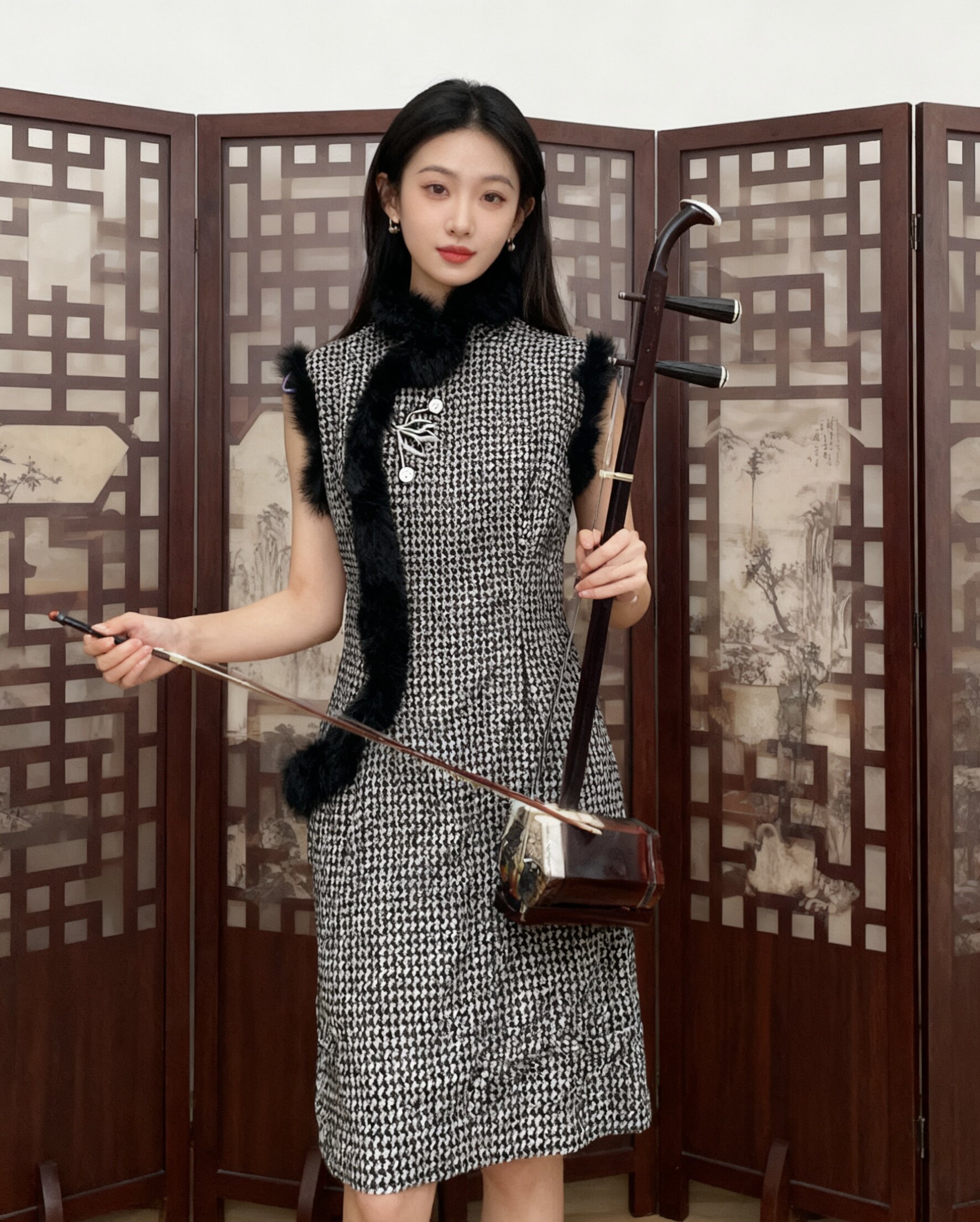 云水吟S小码黑白千鸟格背心短旗旗袍