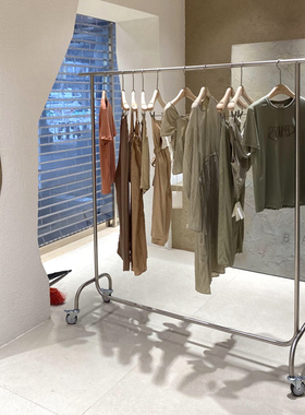 服装店不锈钢挂衣杆带轮子银色中岛架女装店落地式陈列货架展示架
