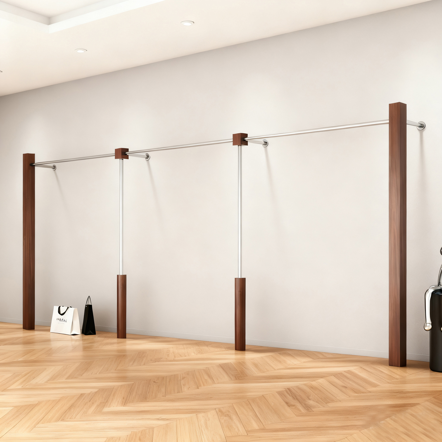 服装店展示架上墙胡桃木纹女装店货架不锈钢陈列架落地式挂衣杆