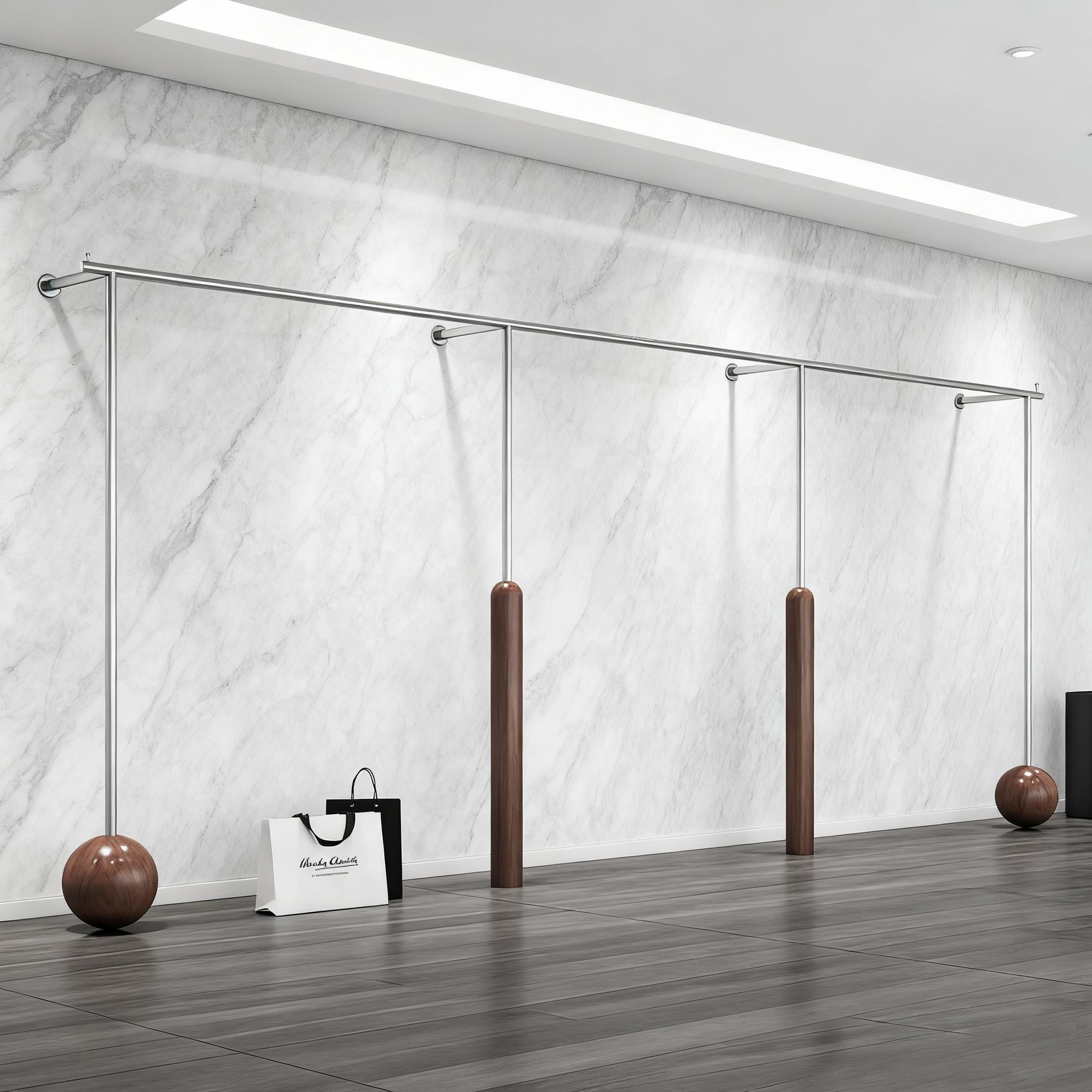 服装店上墙展示架落地式不锈钢胡桃木纹色陈列架女装店货架挂衣架