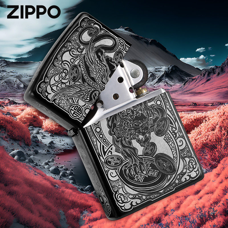 Zippo正品打火机黑耀冰招财貔貅 雕刻芝宝正版防风煤油送男友礼物