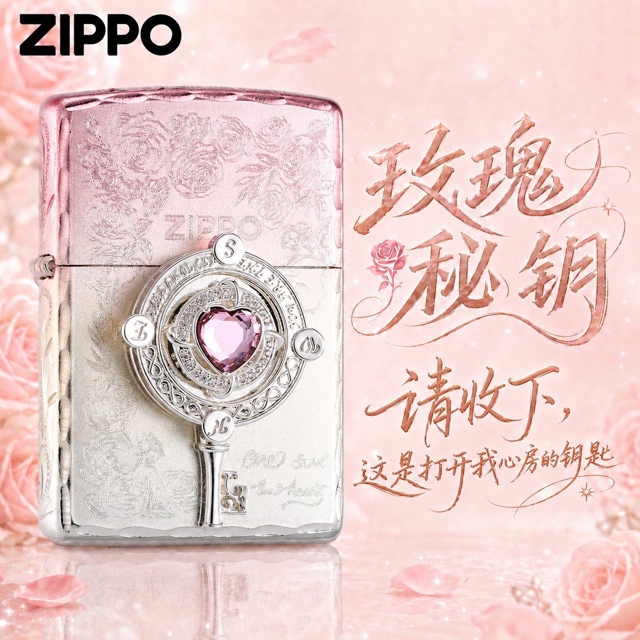 zippo官方正品 玫瑰秘钥心动罗盘镀银打火机送男友高颜值生日礼物