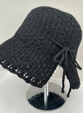 日系纯色开叉绑带渔夫帽女夏季显脸小镂空透气针织盆帽防晒遮阳帽