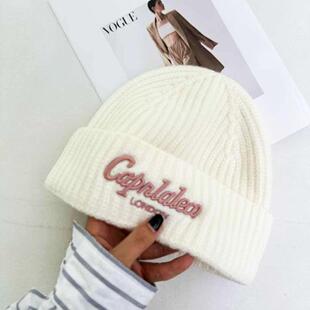 2024新款韩版针织帽子女秋冬季ins刺绣包头护耳显脸小冷帽毛线帽